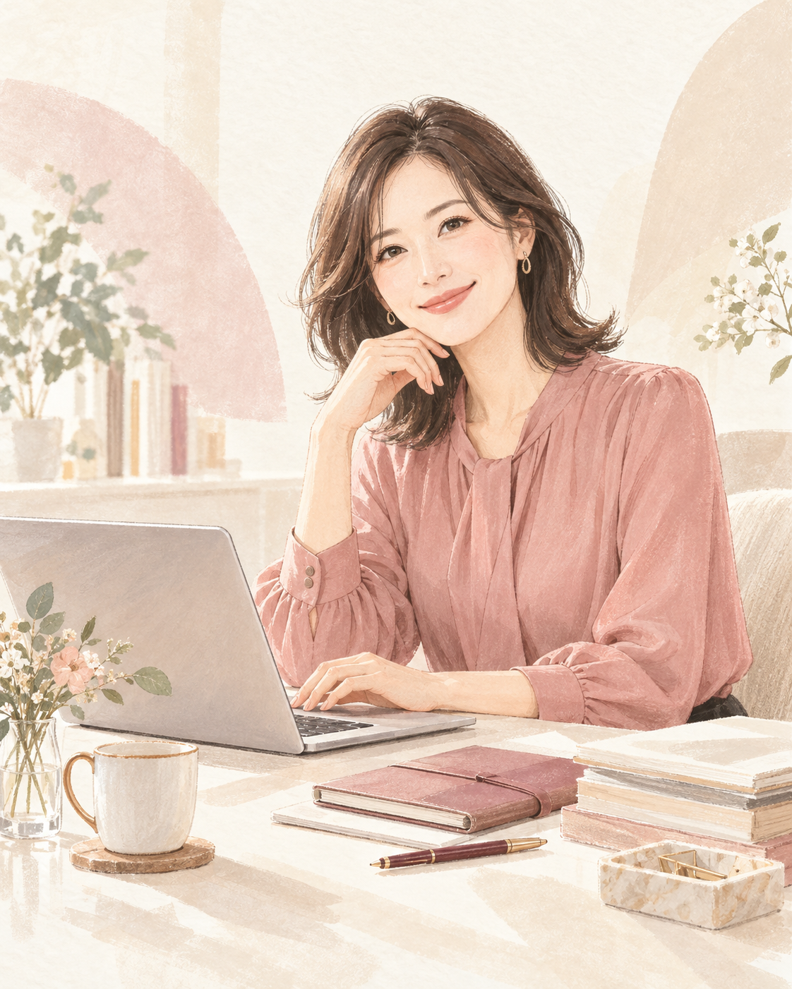 自宅のデスクでノートパソコンに向かうオンライン秘書の女性イラスト